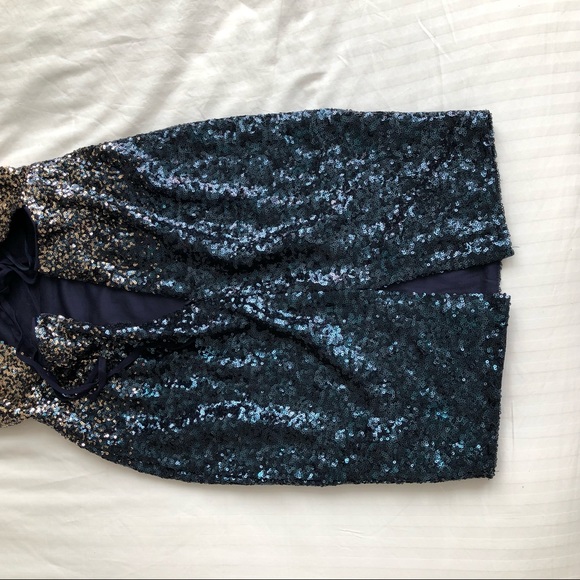COCKTAIL STRAPPY BACKLESS NAVY TO GOLD OMBRE SEQUIN MINI DRESS - Picture 7 of 11